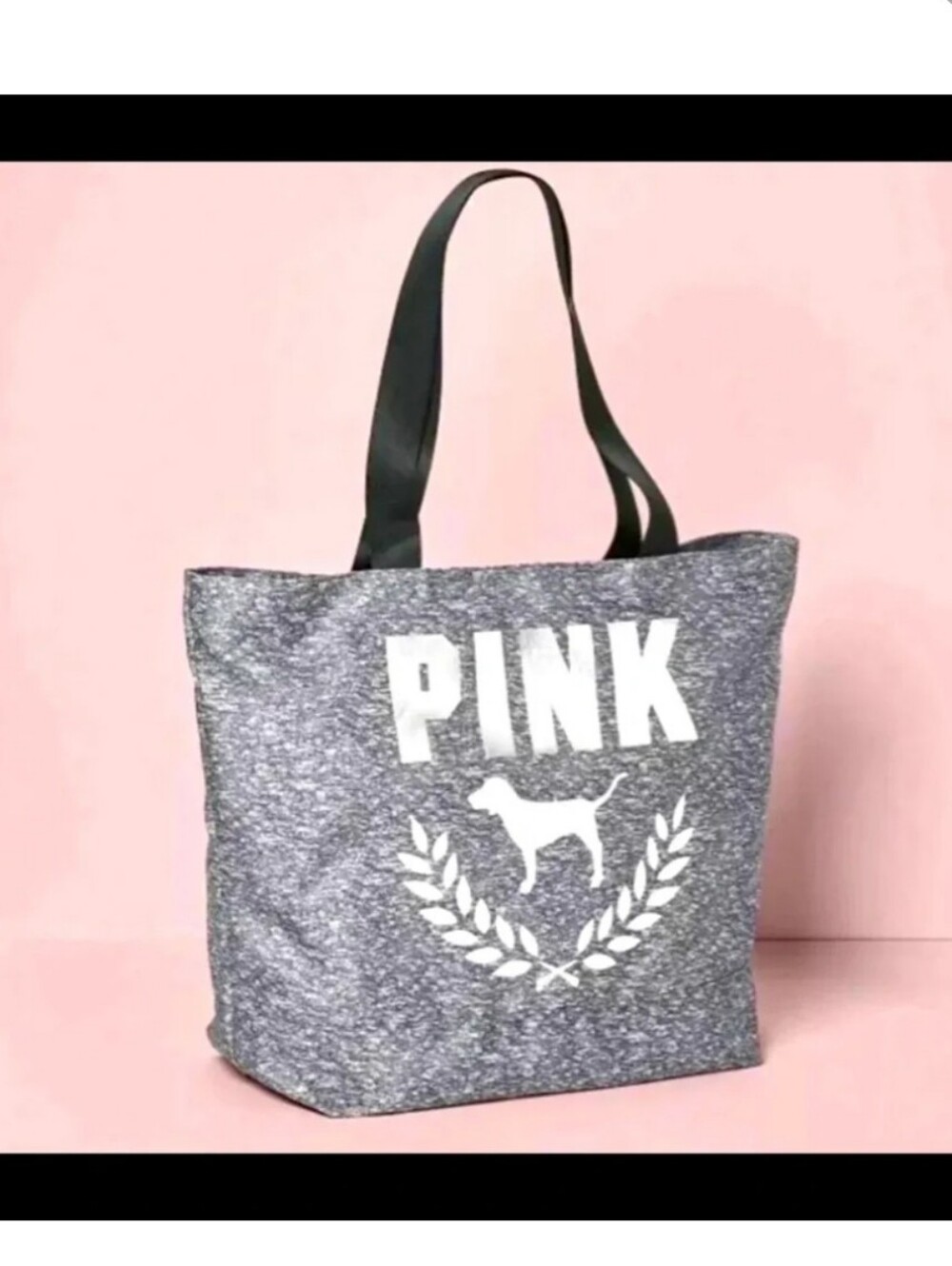 Victoria's Secret Pink Bling Foil Dog Logo Tote Weekender Bag Heather Gray NWT